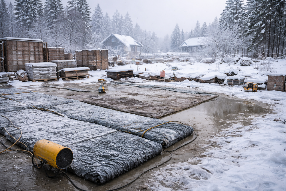 Зимно полагане на бетон с термоодеяла и отоплители за защита от ниски температури